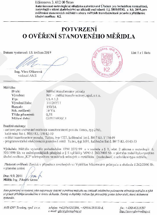 Úřední ověření - cejchování transformátoru ASR, ASK; třídy 0.5 a 0.5S do 1999A +krytka